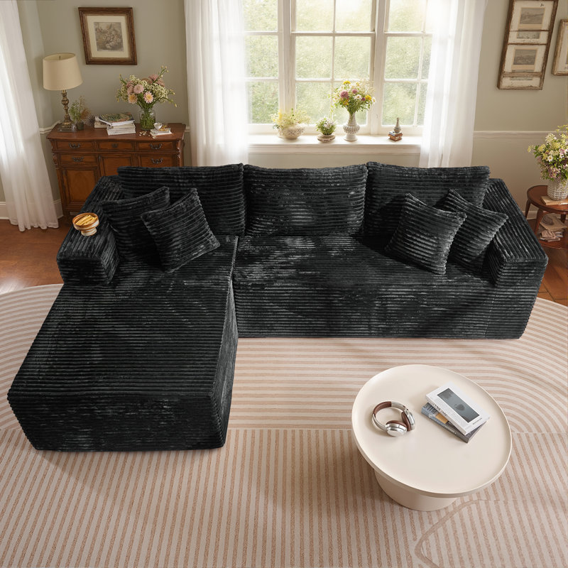 Canapé modulaire rembourré 2 pièces Boneless, Velours côtelé noir, Orienté à gauche (vu de face)