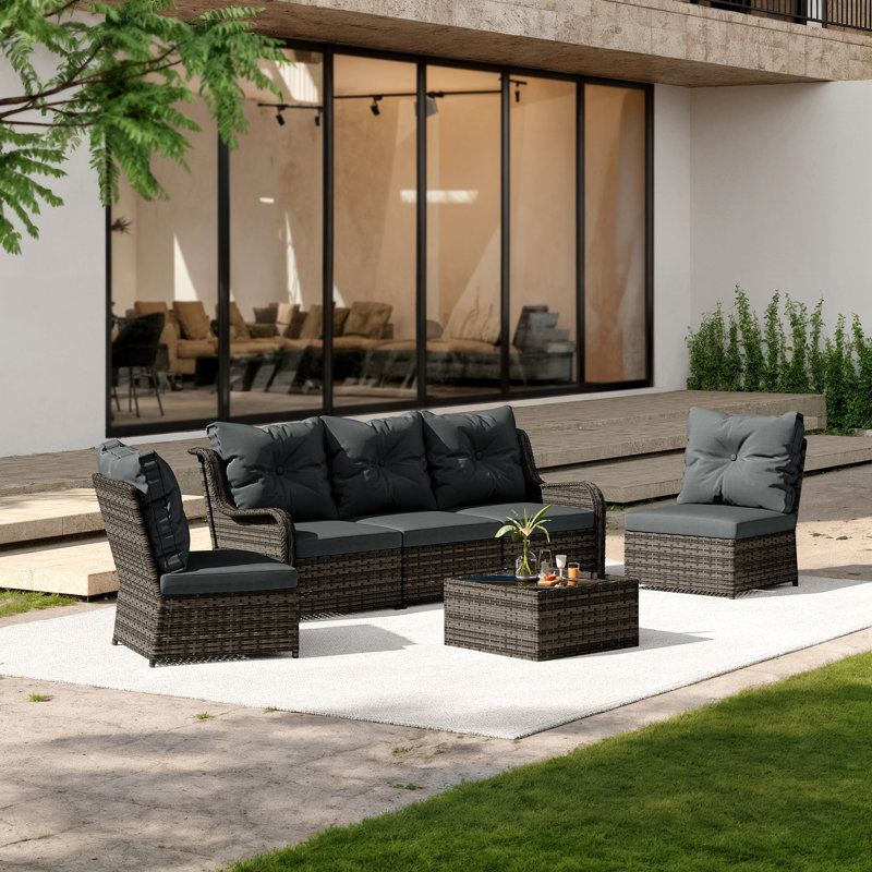 Lyerly Five-Person Group Outdoor Wicker Set With Wicker Coffee Table, Dark Gray, Gray