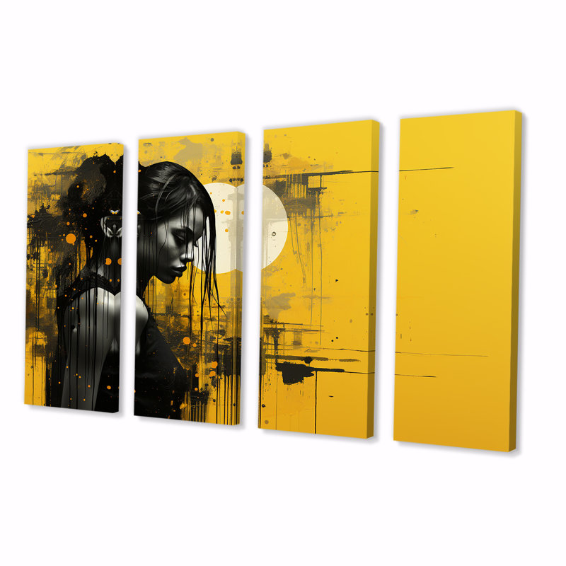Noir et jaune «Fashion Woman Solitude III», ensemble d'art mural 4 pièces, H 28 po x l 48 po