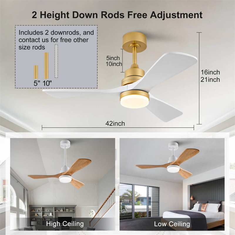 Hot Sales 42 Inch Indoor Ceiling Fan With Dimmable LED Light 3 Solid Wood Blades Remote Control Reversible DC Motor, Gold