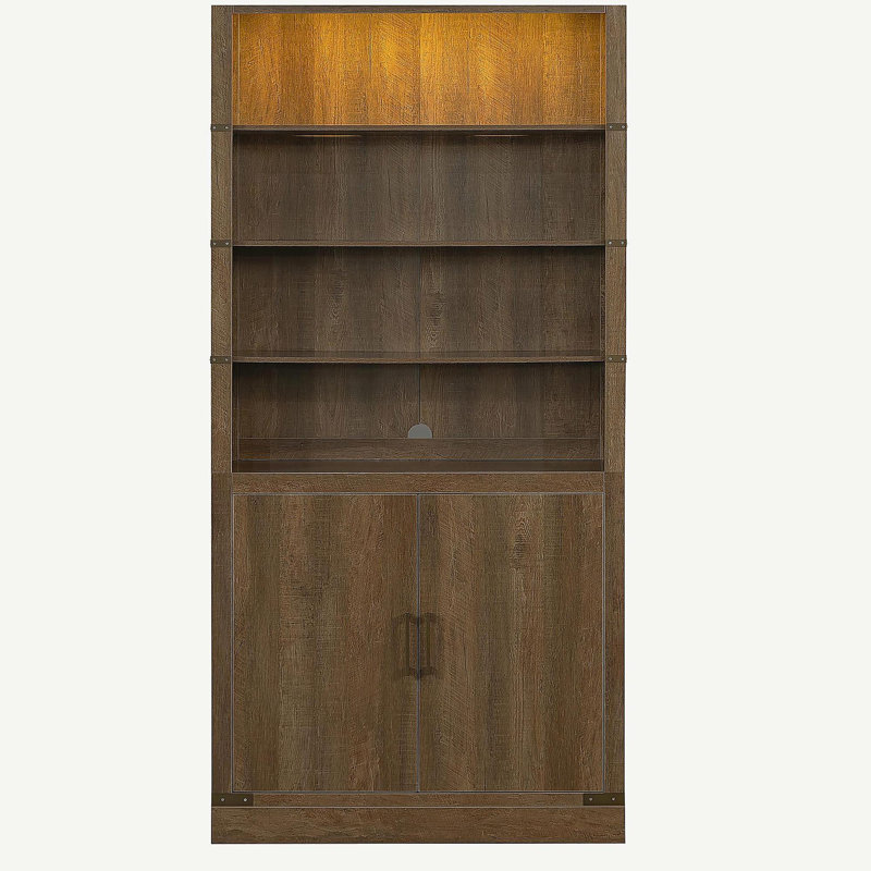 Bibliothèque moderne de 83,4 po de hauteur avec portes, bibliothèque avec tablettes réglables à 3 niveaux, tablettes avec éclairage à DEL, grande armoire de rangement pour le salon, bureau à domicile