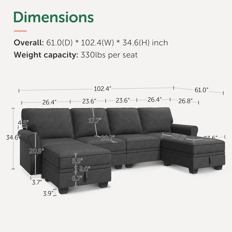 Eveleigh U-shaped Sectional Reversible Sofa with Storage, Dark Gray Polyester