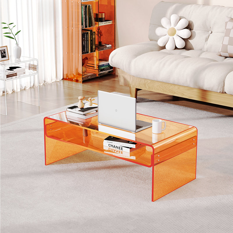 Freysteinn Acrylic Coffee Table,  2 Tiers Clear End Table with Storage Shelf, Orange
