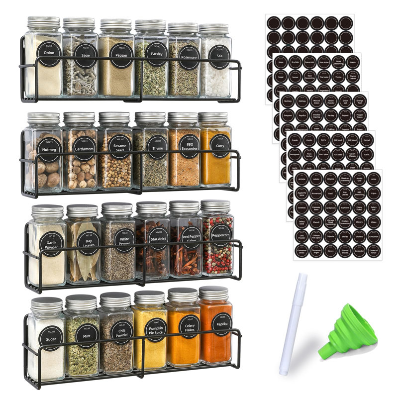 Support à épices magnétique, paquet de 4, 24 pots en verre carrés avec couvercles, étiquettes pré-imprimées à recherche rapide, entonnoir, économiseur d'espace, réfrigérateur et organisateur de four à micro-ondes