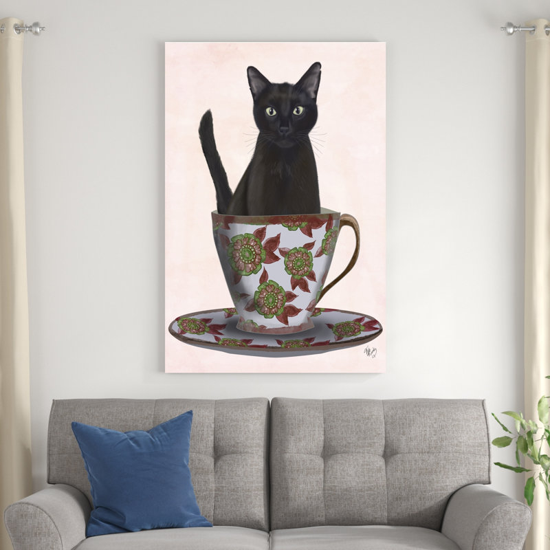 Chat noir dans une tasse de thé, H 48 po x l 32 po x P 1 po