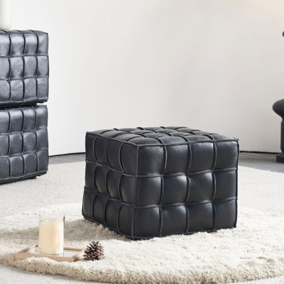 17.32''W Genuine Leather Tufted Ottoman,Footstool For Living Room & Bedroom,Black Colour