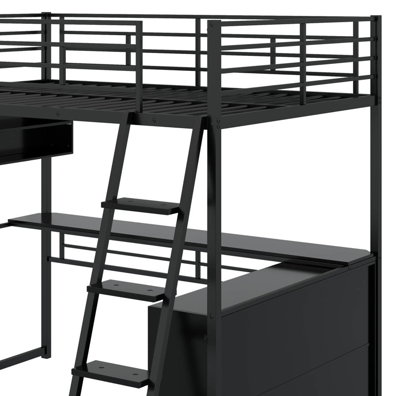 Lit mezzanine en métal avec DEL, bureau et tablettes, Lit double