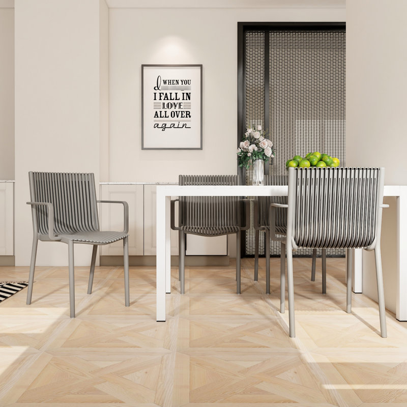 4Pcs Stackable Warm Grey Pp Armchairs And 55 Inch White Long Table - , , Zero Maintenance For Indoor/Outdoor Settings Modern All-Weather Durability, Lightweight Tabletop, Versatile Use Scenarios