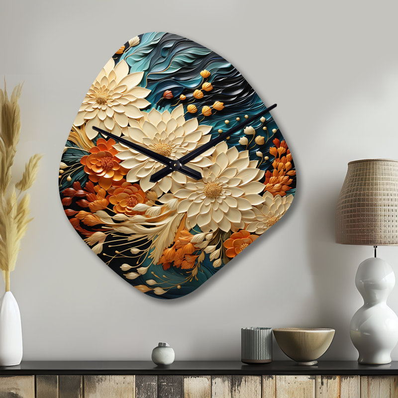 Horloge murale orange, bleu sarcelle, tourbillon botanique III - Botanicals, Petit