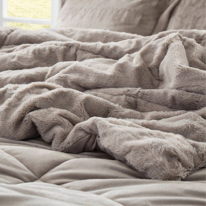 Ensemble de 2 mini-édredon en fausse fourrure unie gris, Édredon simple + 1 pièce supplémentaire