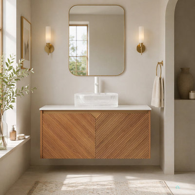 Lavabo de salle de bain 36 po, armoire de rangement flottante en contreplaqué, portes doubles en sergé avec garniture en métal, comptoir en verre transparent Carrare Sint