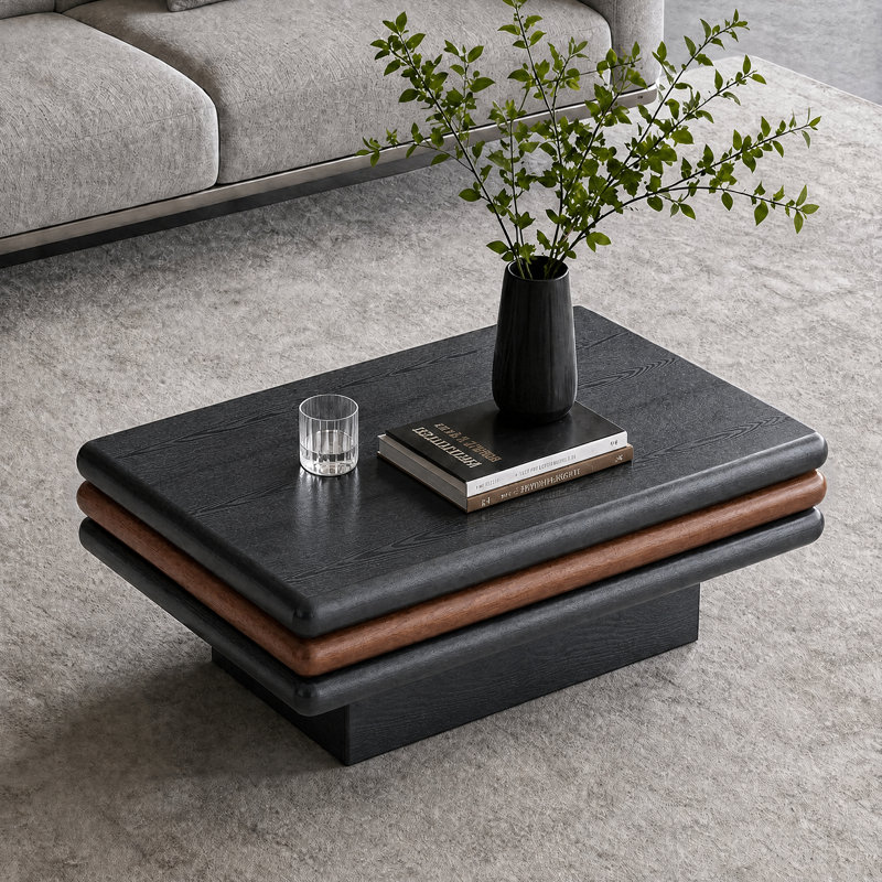 Table basse rectangulaire empilable à 3 niveaux, en bois d'ingénierie avec placage de bois naturel, bicolore noir et marron