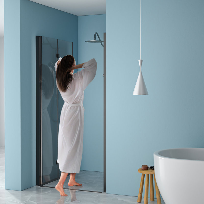 Porte de douche l 30 po x H 72 po, noir mat. Verre trempé de 1/4 po. Isolation épaisse et pliable de la porte de la cloison de la salle de bain