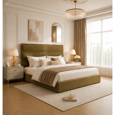 Linen 3-Panel Headboard King Size Upholstered Bed Frame with Lift Up Storage, No Box Spring Needed, Olive