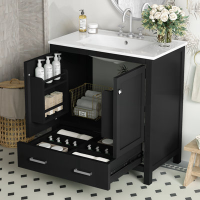 Meuble-lavabo de 30 po avec lavabo simple, meuble-lavabo encastré, rangement multifonctionnel, fermeture en douceur, structure en bois massif