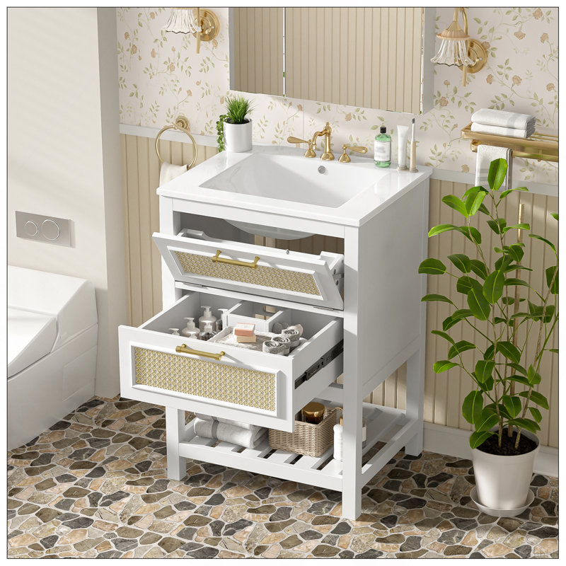 24" Bathroom Vanity With Integrated Ceramic Sink, Bathroom Cabinet With 1 Deep Drawer, 1 Tip-Out Drawer, Single Sink Bathroom Vanity For Small And Medium Restroom