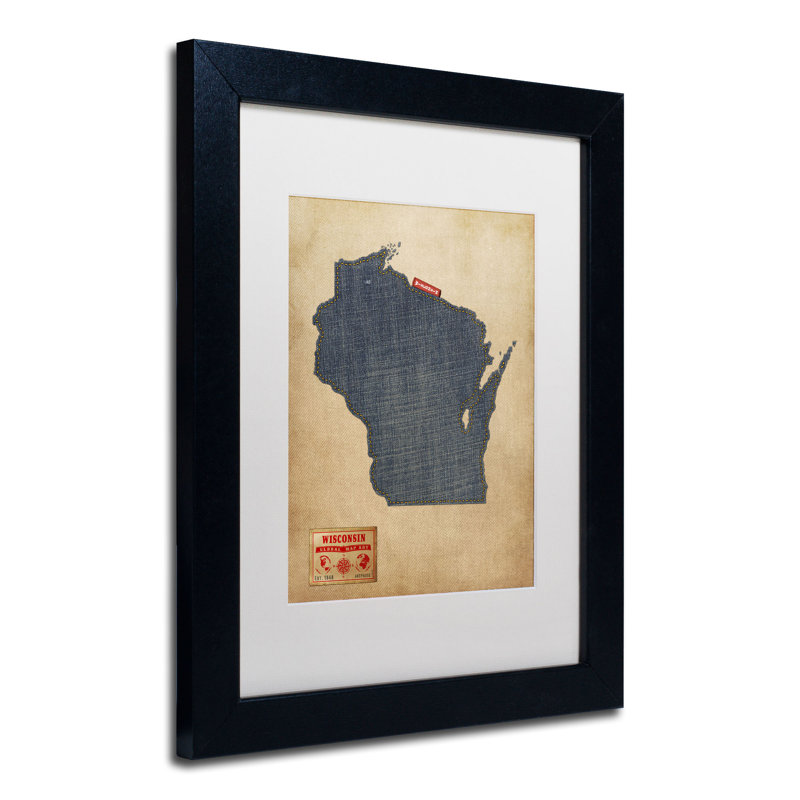 « wisconsin map denim jeans style » par michael tompsett, impression encadrée, H 14 po x l 11 po, Blanc