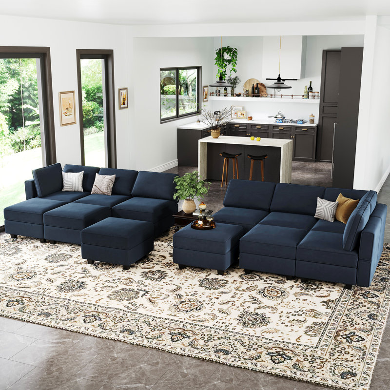 Wylodene 169.4'' Wide Genuine Velvet Reversible Modular Corner Sectional, Blue Velvet