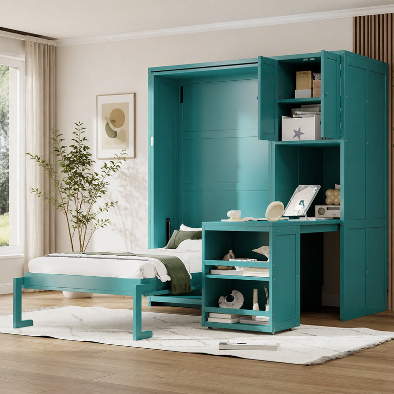Twin Rotating Wall Murphy Bed with Bookshelf, Top Cabinet, Extendable Desk and Side Storage, Teal