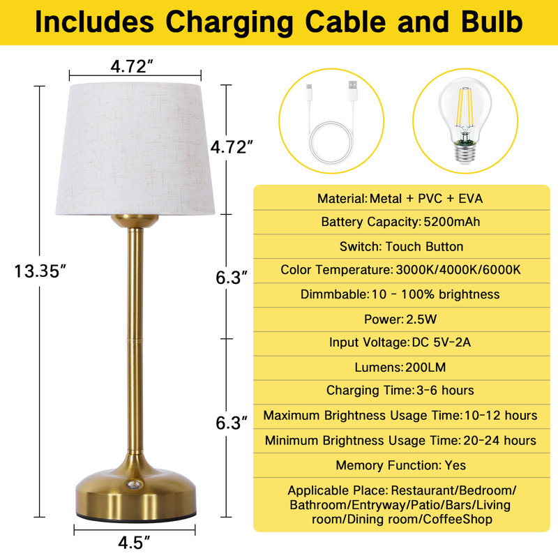 Trishanna 15.7“ LED Dimmable Table Lamp,Cordless Table Lamp with Touch Control,Gold Metal Table Lamp