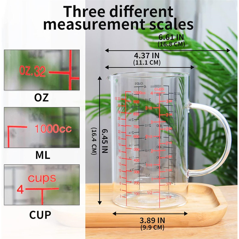 Tasse à mesurer en verre, 1000 ml (4 tasses), borosilicate, échelle à double face, H 6,40 po x l 3,80 po x P 6,60 po