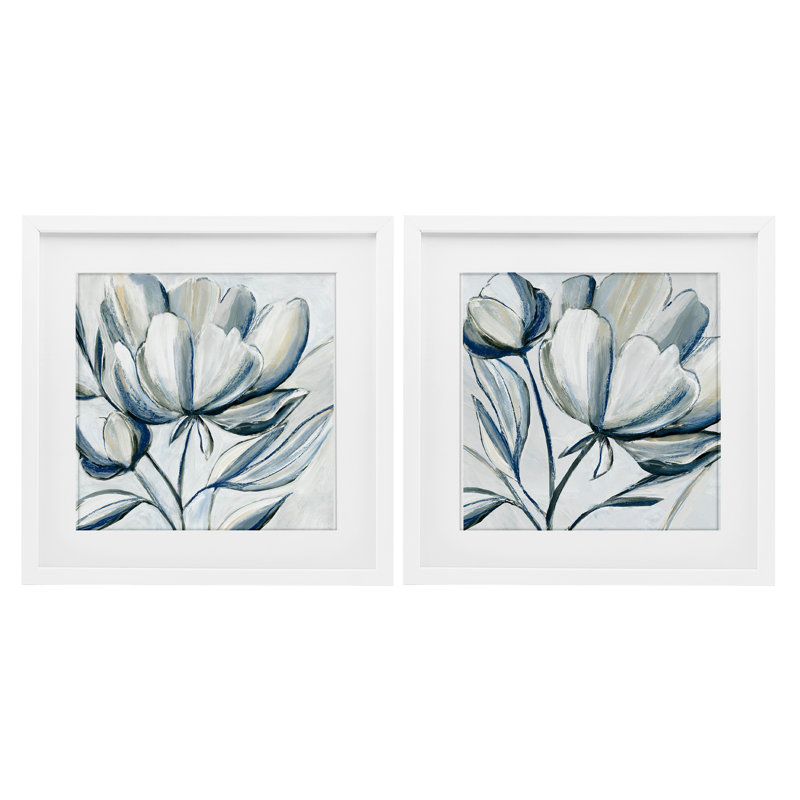 Ensemble de 2 tulipes grises brossées, impression sous verre, par Hannah Dawson, H 16 po x l 16 po, Cadre blanc côtier