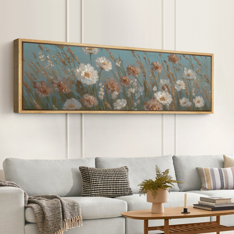 «Blue Toned Wildflower Meadow Art», reproduction d'art sur toile encadrée très grande, H 30 po x l 60 po x P 1,5 po