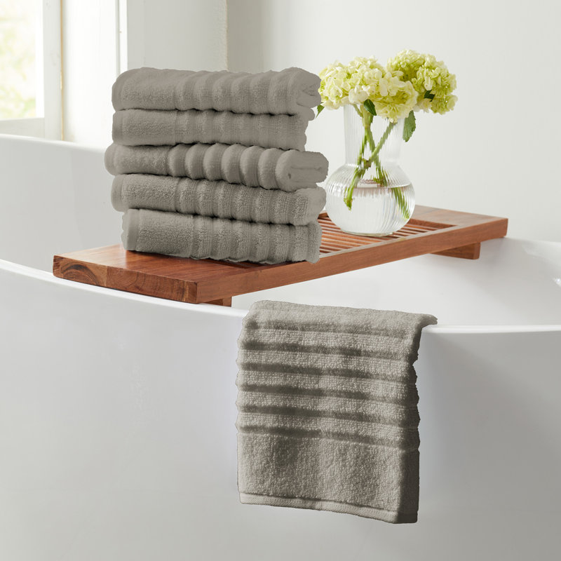 100% Zero-Twist Cotton Ribbed Bath Towels , Hand Towels - 6 Pack, Mid Gray