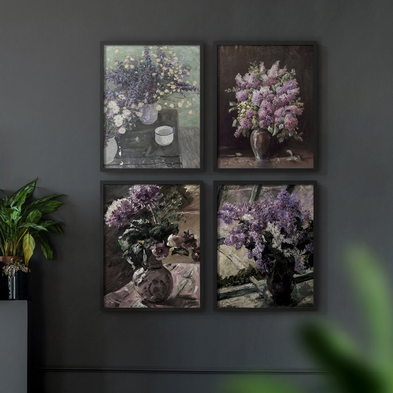 «Vintage Floral Print CCLXVII», 4 pièces sur papier, H 10 po x l 32 po, Noir