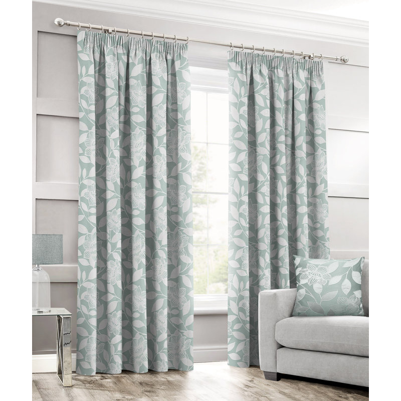 Luxury Leaf Jacquard Curtain Pair, Duck Egg, 66cm Width x 90cm Drop