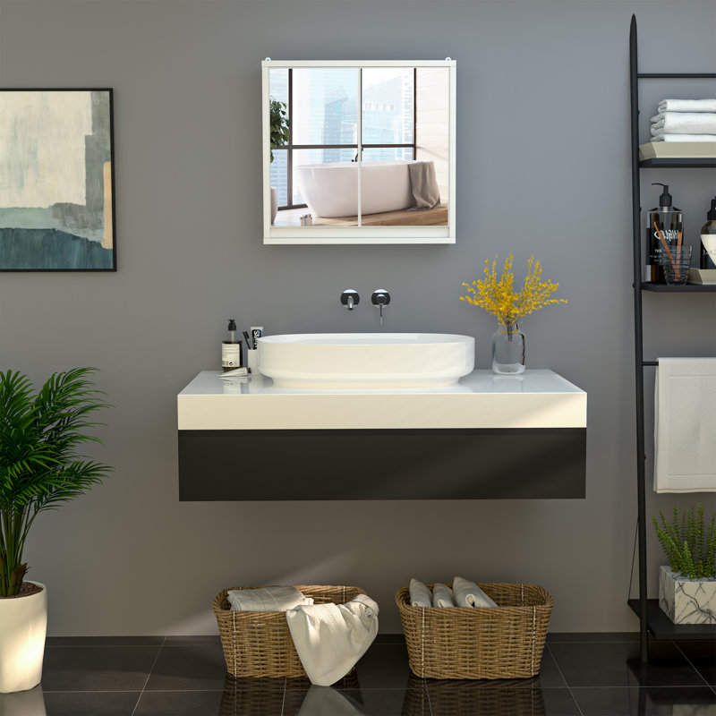 480mm W 450mm H Surface Framed Medicine Cabinet Mirror 1 Adjustable, White
