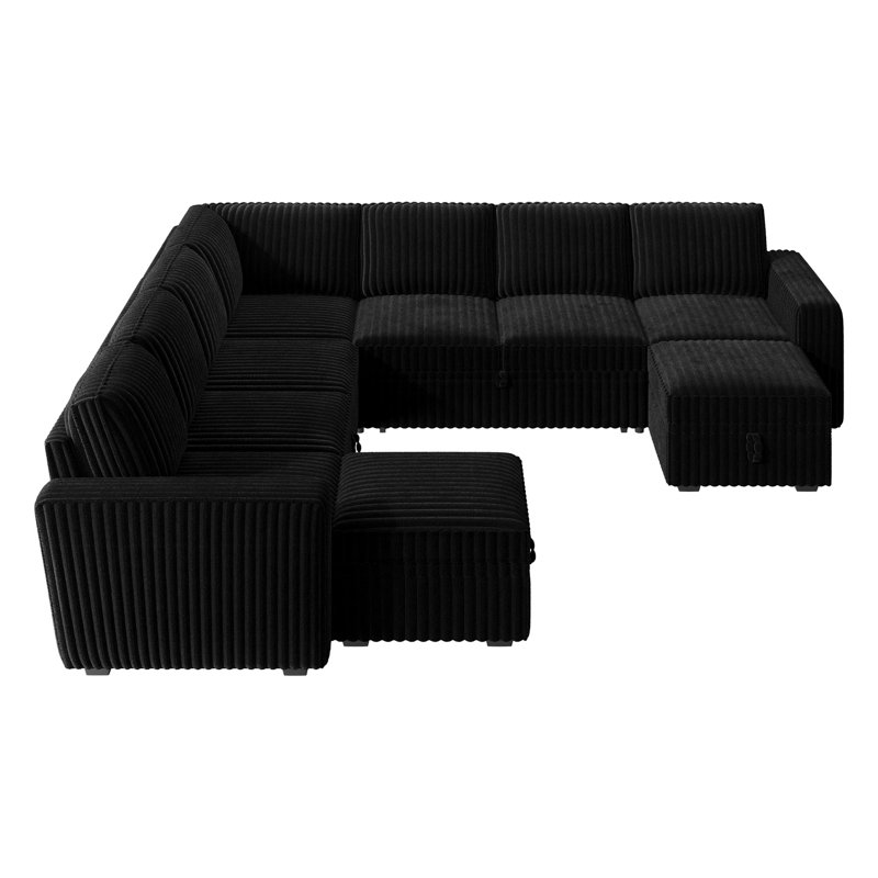 Canapé-lit modulaire rembourré avec rangement Hoelscher, Velours côtelé noir