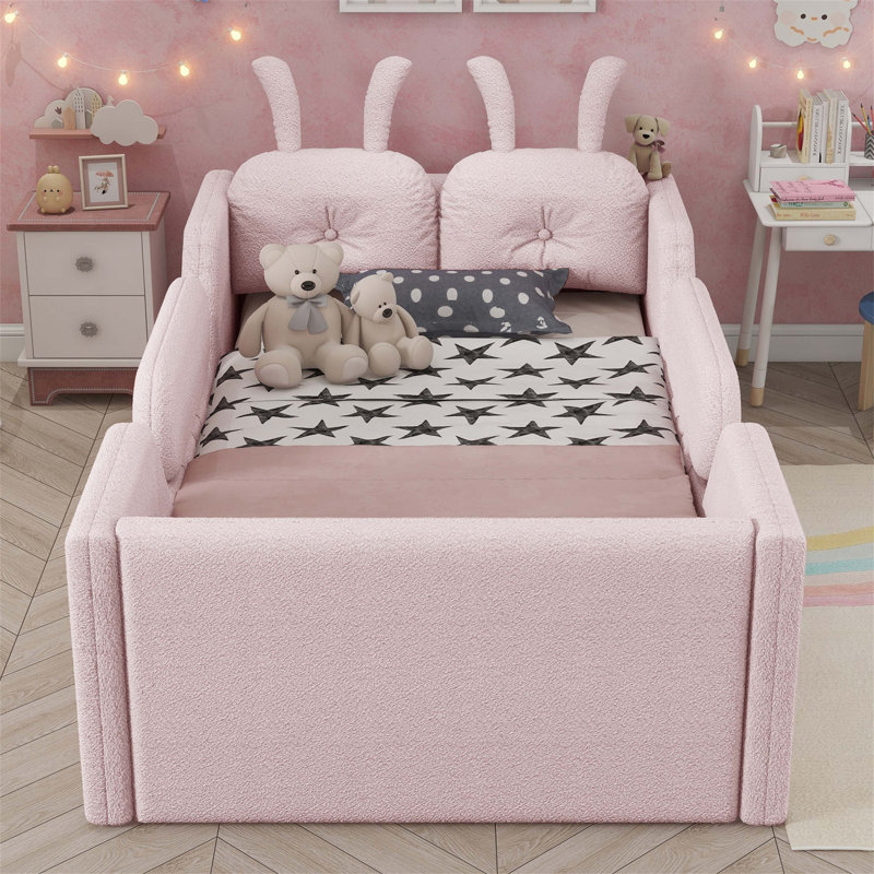 Twin Size Upholstered Platform Bed With Rabbit Cushion, Kids Floor Bed With Removable Side Rails, Soft And Safe Design, Pink