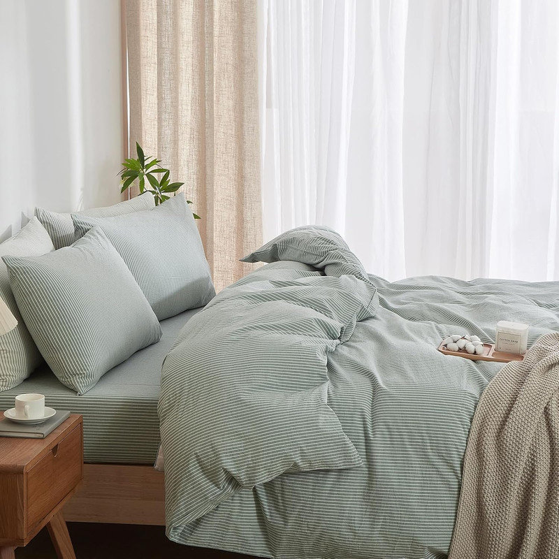 LIFETOWN Striped Duvet Cover Set,3 Pcs Breathable Durable 100% Washed Cotton Comforter Cover for All Seasons, Chic Linen Like Textured Bedding Set.