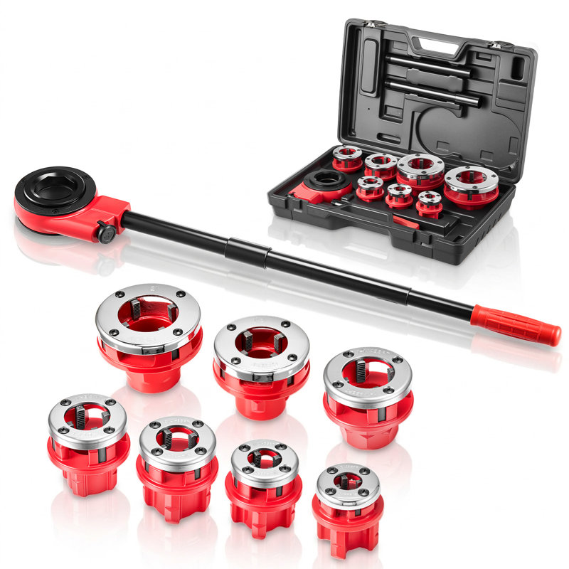 Ensemble d'enfilage de tuyaux à cliquet avec 7 filières, outil d'enfilage manuel à cliquet de 3/8 po BSPT à 2 po BSPT, ensemble d'enfilage de tuyaux portatifs avec boîte à outils pour l'installation et la réparation de la plomberie