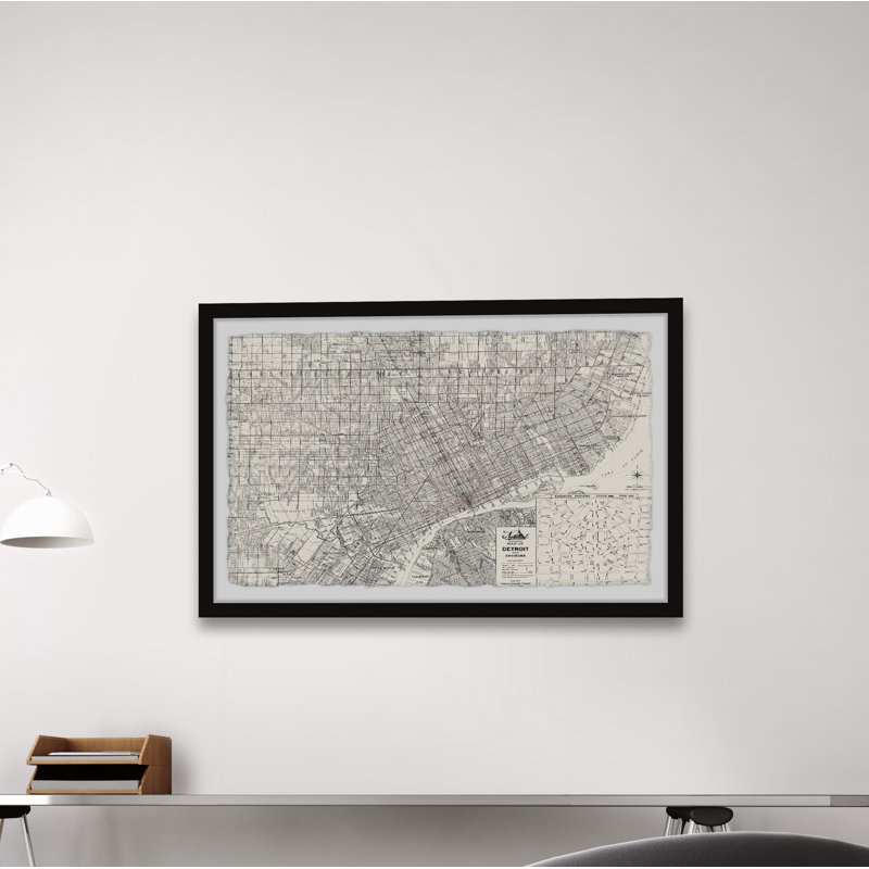 «Vintage Detroit Map», reproduction d'art graphique sur papier encadrée, H 16 po x l 24 po x 1,5 po