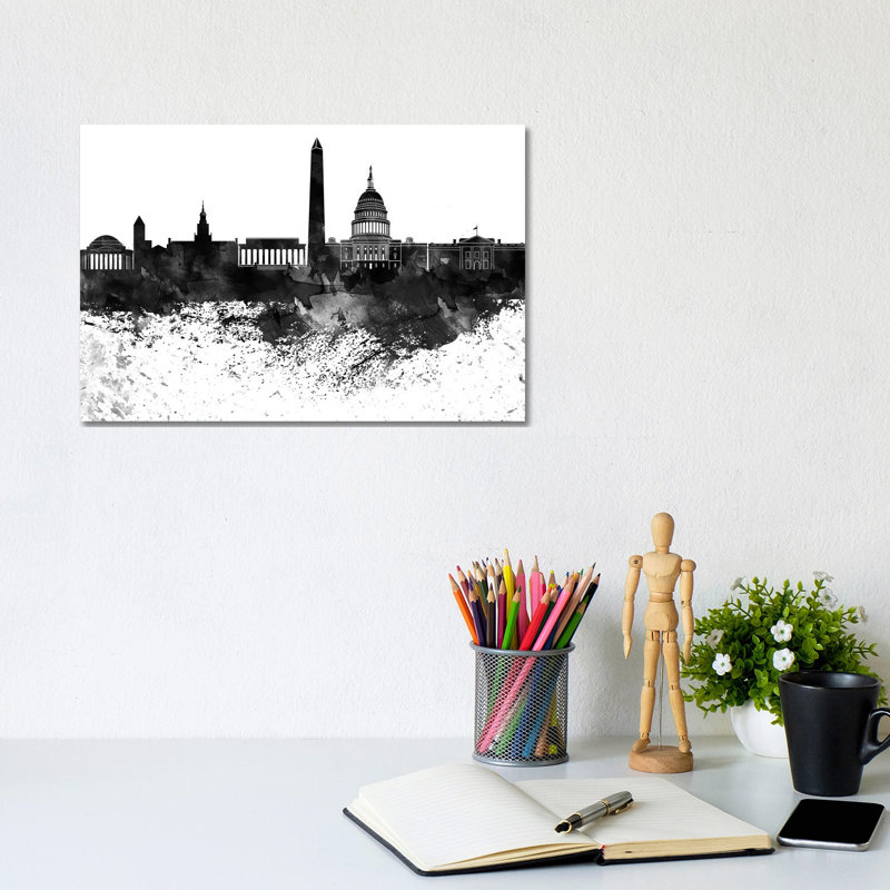 Washington Skyline Black & White Drops by WallDecorAddict - Wrapped Canvas Painting, 20.32 cm H x 30.48 cm W