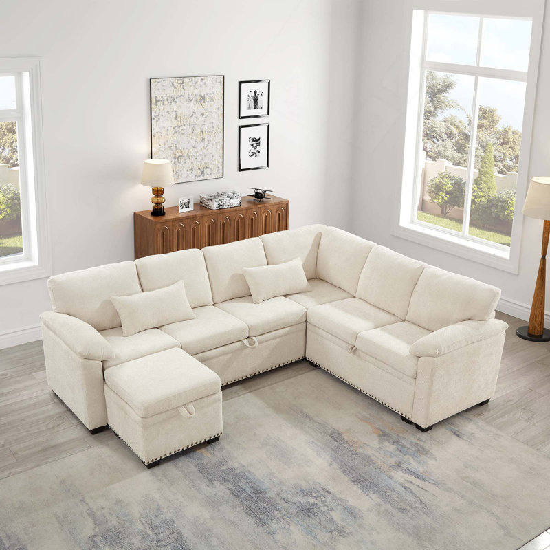 Canapé modulaire en L avec repose-pieds avec rangement et repose-pieds pour le salon, Beige
