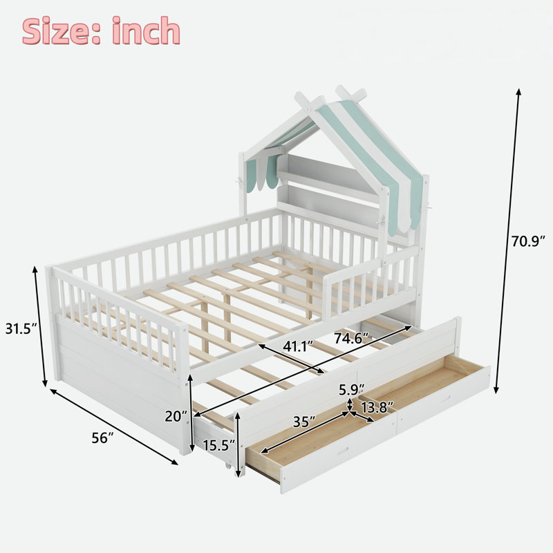 Lit maison avec lit gigogne, tablettes de tête de lit et tiroirs de rangement, Lit double, Blanc