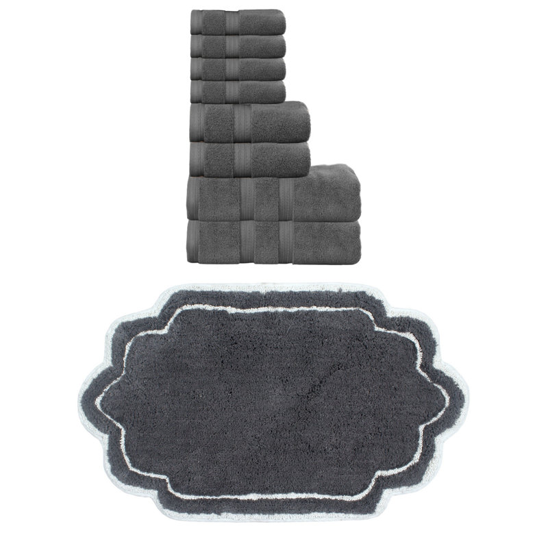 Talbert Collection 100% Soft Cotton Towel Set & 21x34" Bath Rug, Dark Gray, 9 Piece Towel Set
