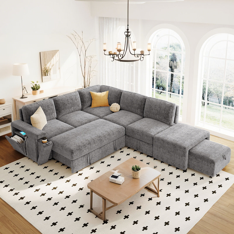 Canapé-lit modulaire rembourré en L avec espace de rangement, ports USB et porte-gobelets sur les accoudoirs, Gris