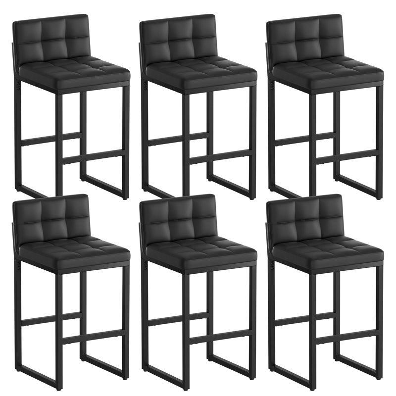 Sturdy Modern Low-Back Counter Height Bar Stools with Metal Frame and Faux Leather Upholstery, Black, 6