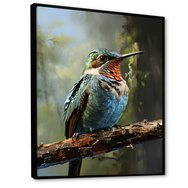 Bleu et vert rayonnant Colibri beauté - Art mural colibri, Cadre flottant noir, H 20 po x l 12 po