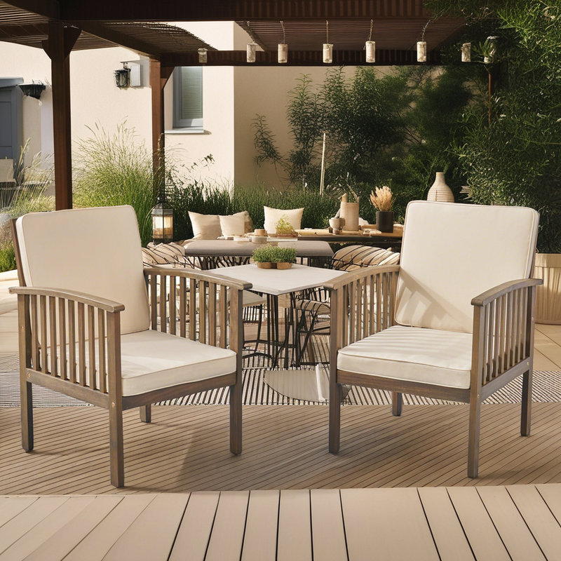 Chaises de salle à manger d'extérieur 2 pièces en bois d'acacia avec coussins