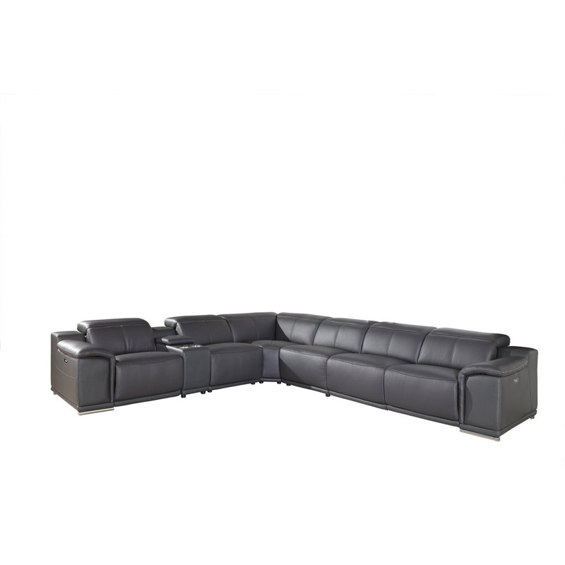 Harwyn 138" Wide Genuine Top Grain Italian Leather Symmetrical Reclining Corner Sectional, Gray Genuine Leather