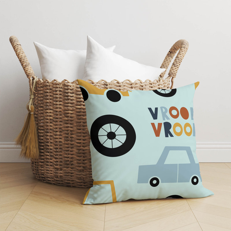 Coussin Vroom, H 18 po x l 18 po, Bleu clair / bleu / or / orange