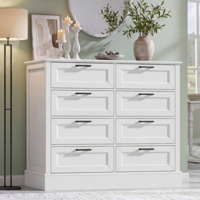 42.1“W Farmhouse Dresser with 8 Drawers for Bedroom & Living Room, White Modern Storage Chest with Metal Handle