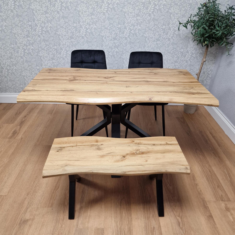Brown Wooden Dining Table with 2 Black Chairs and Bench - Dining Furniture