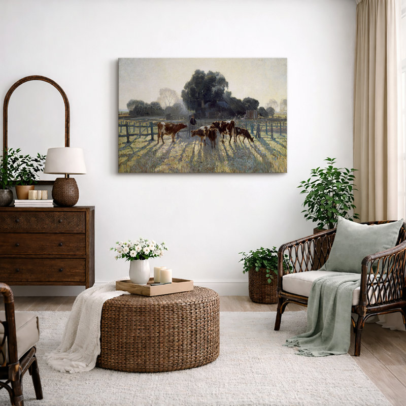 «Bétail dans une pâture à l'aube, œuvre d'art, images de cuisine, impression encadrée sur toile giclée., Toile tendue