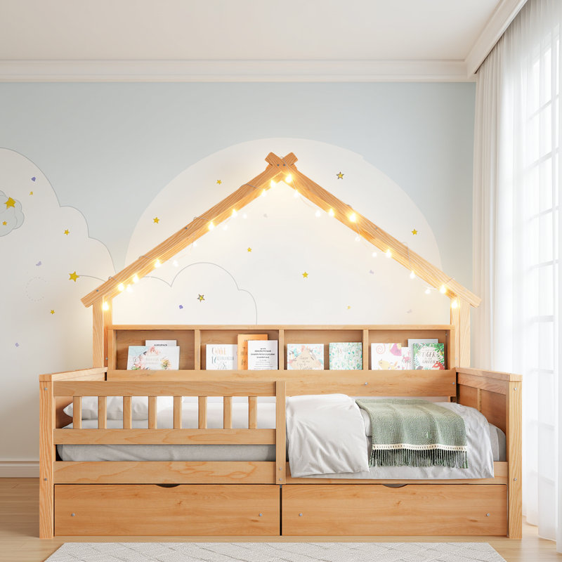 Lit en bois Guardrail avec bande lumineuse à DEL et espace de rangement, Brun